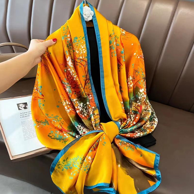 New Style Spring Summer Women Big Flower Print Scarf Ladies Popular Beach Silk Satin Shawl Fashion Headcloth