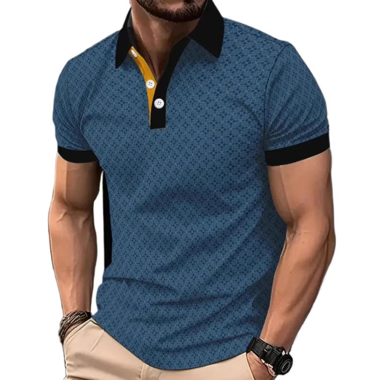 Trendy Geometric Pattern Short-Sleeve Polo Shirt, Stylish Men's Casual Top