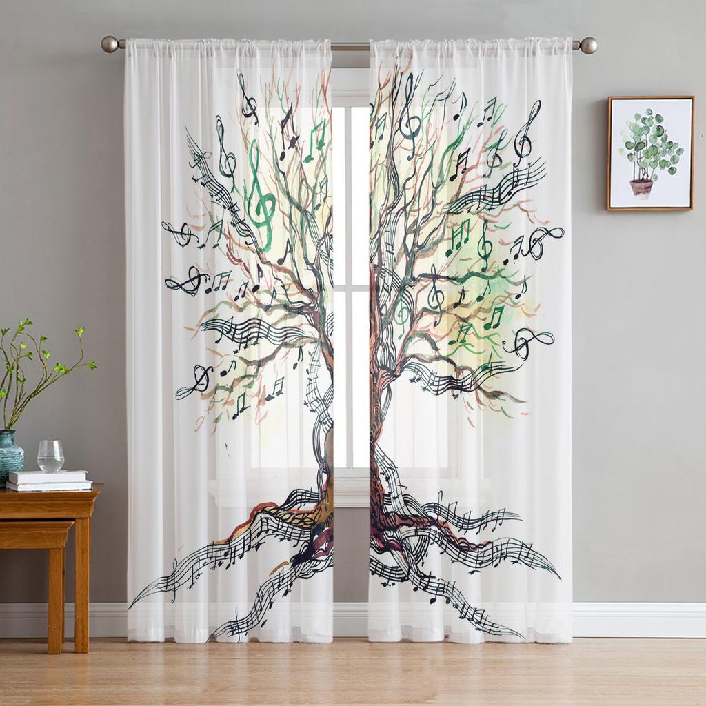 Music Tree Plant Musical Notes White Sheer Curtains for Living Room Decoration Window Curtains Kitchen Tulle Voile Curtains