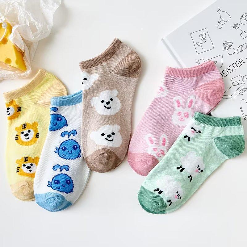 

5PCS Женский низкий верх Розовый кот Носки Лодыжки Носки Мягкий хлопок Носки Дамы Милые полосатые носки