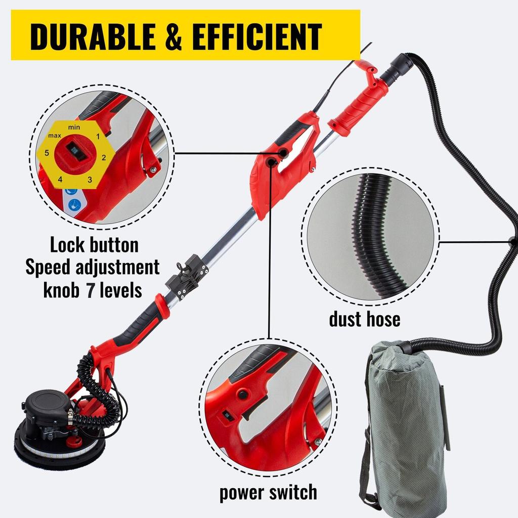 Drywall Sander 750W, Electric Drywall Sander, Foldable Sheetrock Sander, with Telescope Handle, Electric Sander, Variable Speed 800-1750 RPM, Wall
