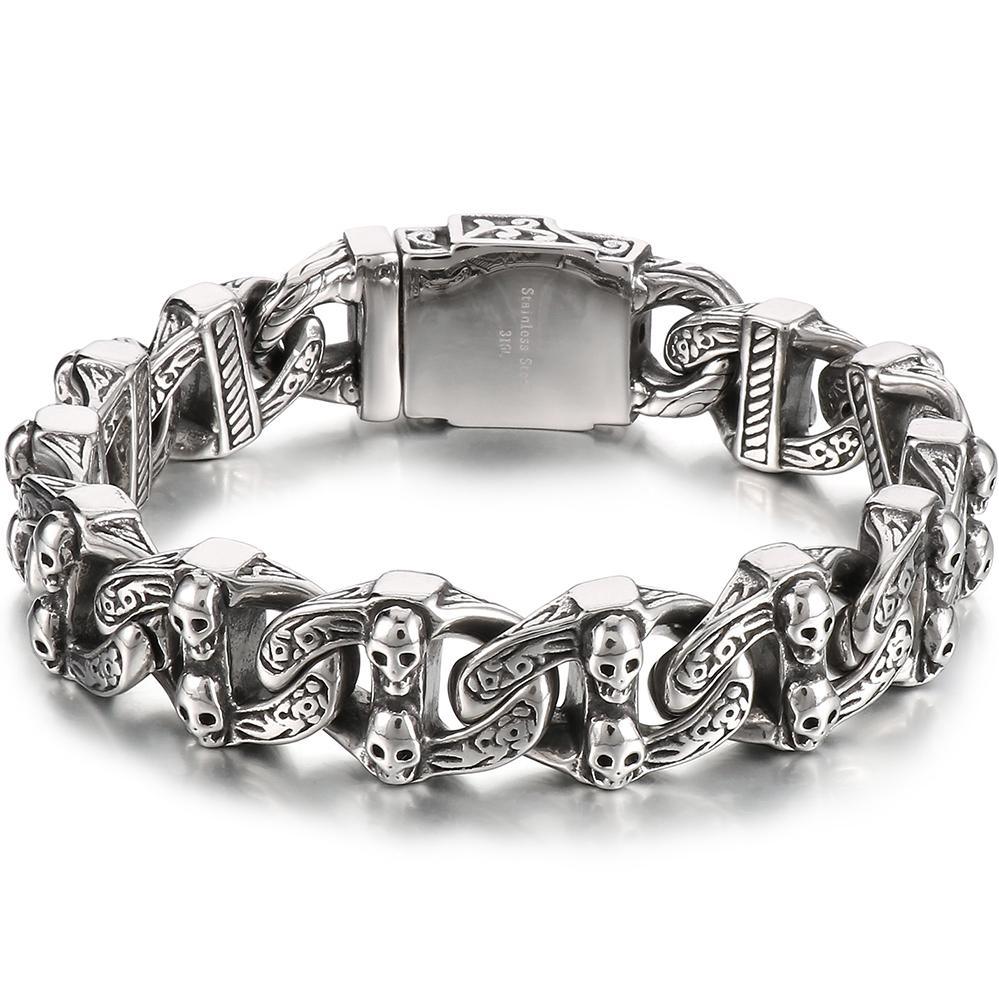 Pánský Cool masivní ocelový náramek s lebkou a tváří v tvář kubánský řetízek pro muže unikátní gotický punk rock šperky příslušenství halloweenské dárky