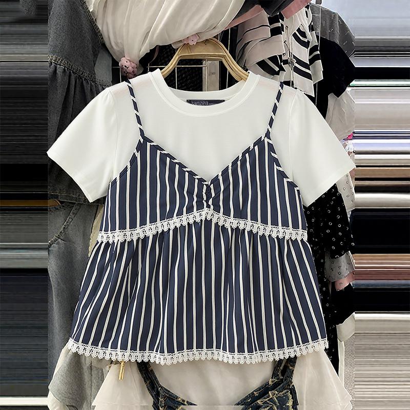 ZANZEA Women Casual Round Neck Stripe Patchwork Summer Short Sleeve T-Shirts