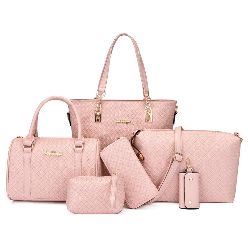 New mother and child women's bags solid color PU six-piece set woven large-capacity simple portable shoulder bag crossbody fashion