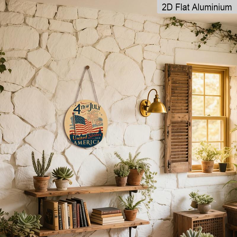 2D Flat 1pc, 8x8 In, Independence Day Celebration Themed Round Aluminum Metal Sign; Front Door Porch, Living Room, Bedroom Home Decor, Country Style