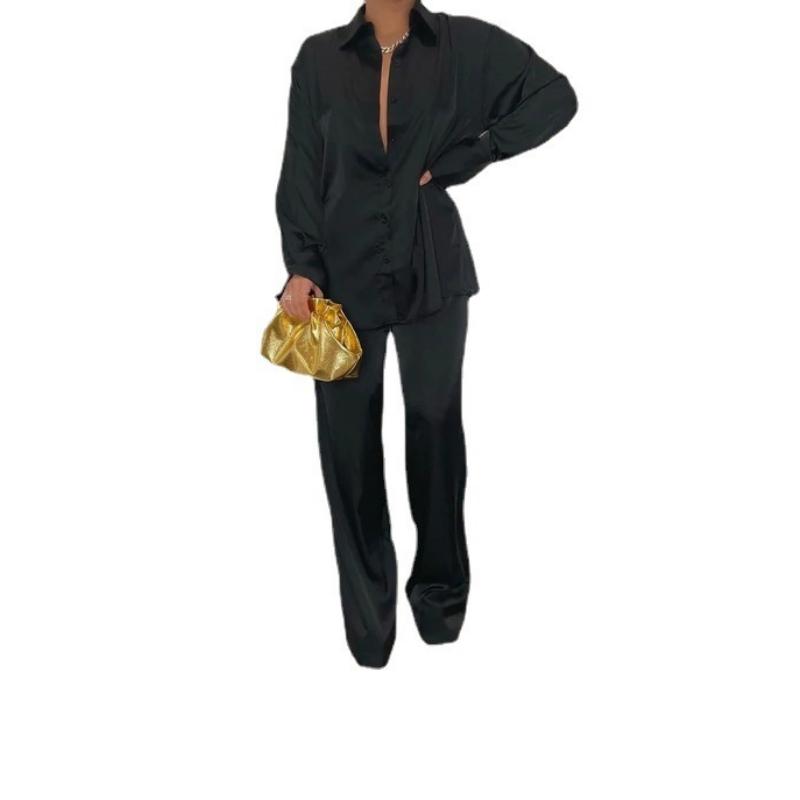 Women's Satin 2-Piece Set, Shirt Collar Long Sleeve Top with Loose Straight Leg Pants, Casual Solid Color Outfit