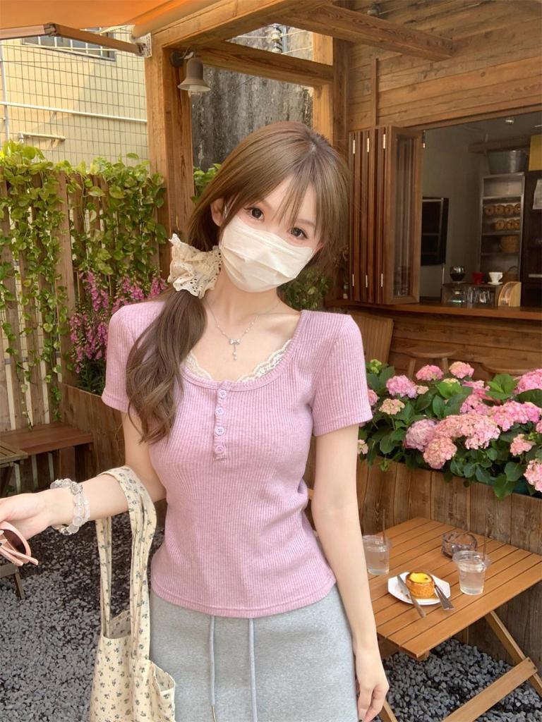 Summer Korean Style Sweet Square Neck Lace Trim Button Slim Fit Short Sleeve Top