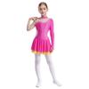 Girls Sparkle Rhinestones Figure Skating Costume Color Block Mesh Patchwork Long Sleeve Keyhole Back Dance Dress