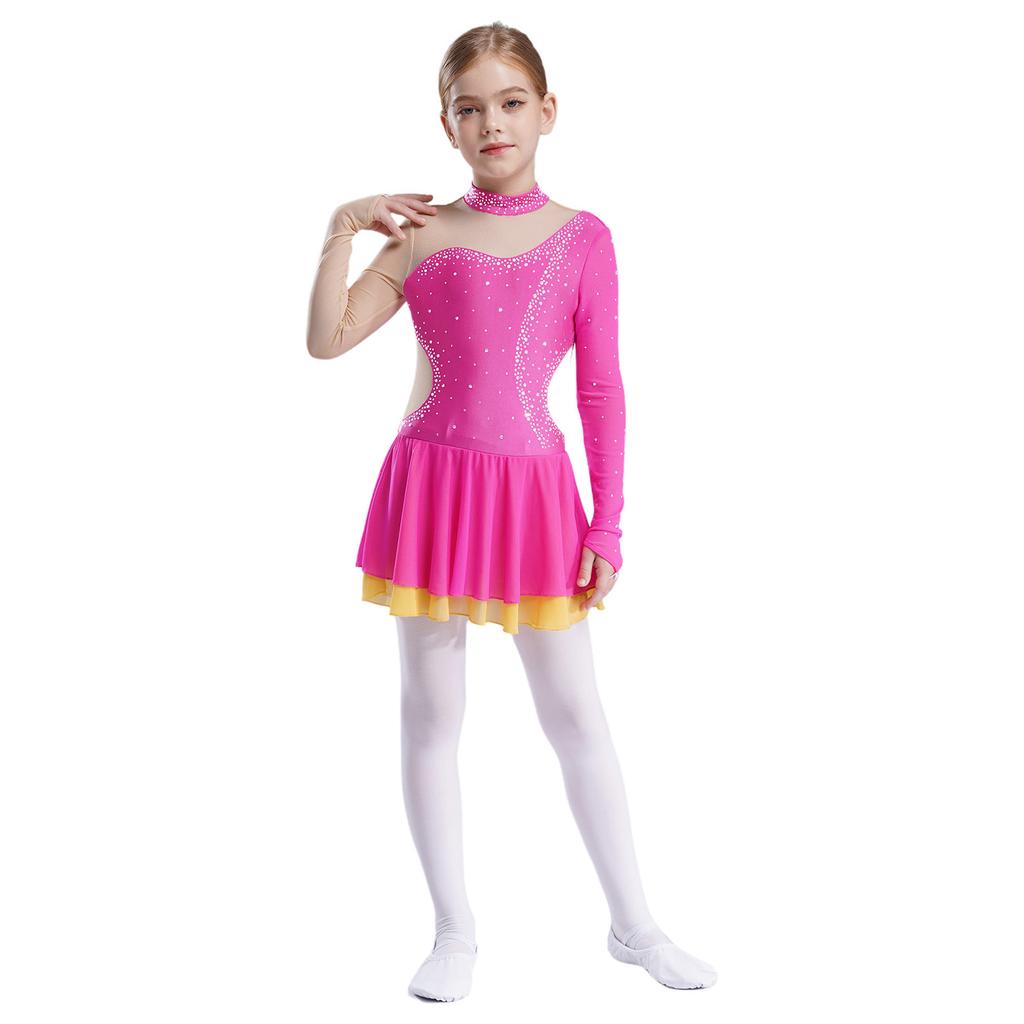 Girls Sparkle Rhinestones Figure Skating Costume Color Block Mesh Patchwork Long Sleeve Keyhole Back Dance Dress