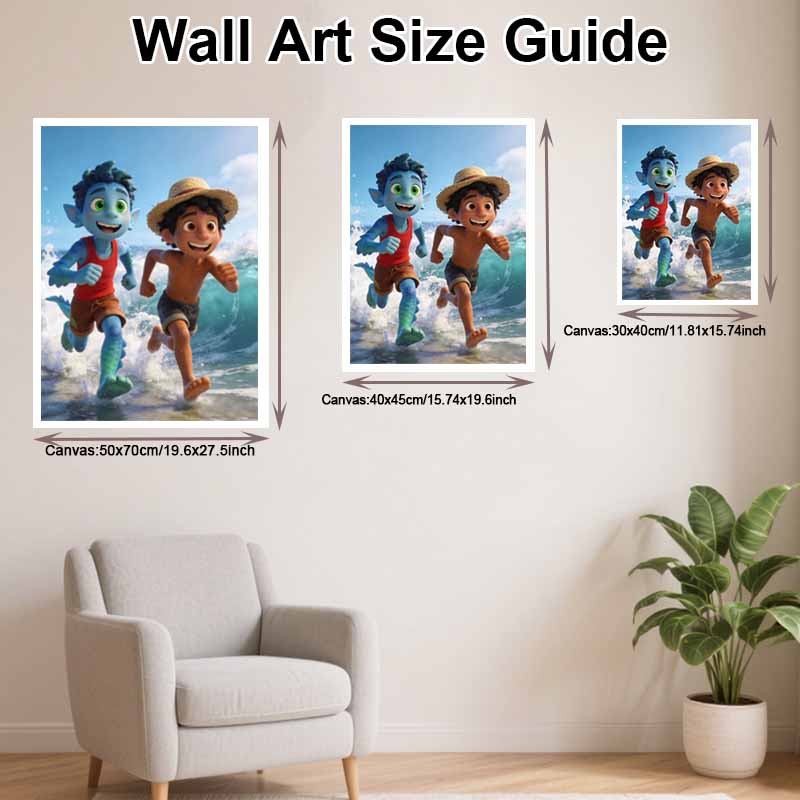 Disney DIY diamond painting 5d full diamond cross stitch sea monster boy and human boy running on beach living room bedroom decorative painting