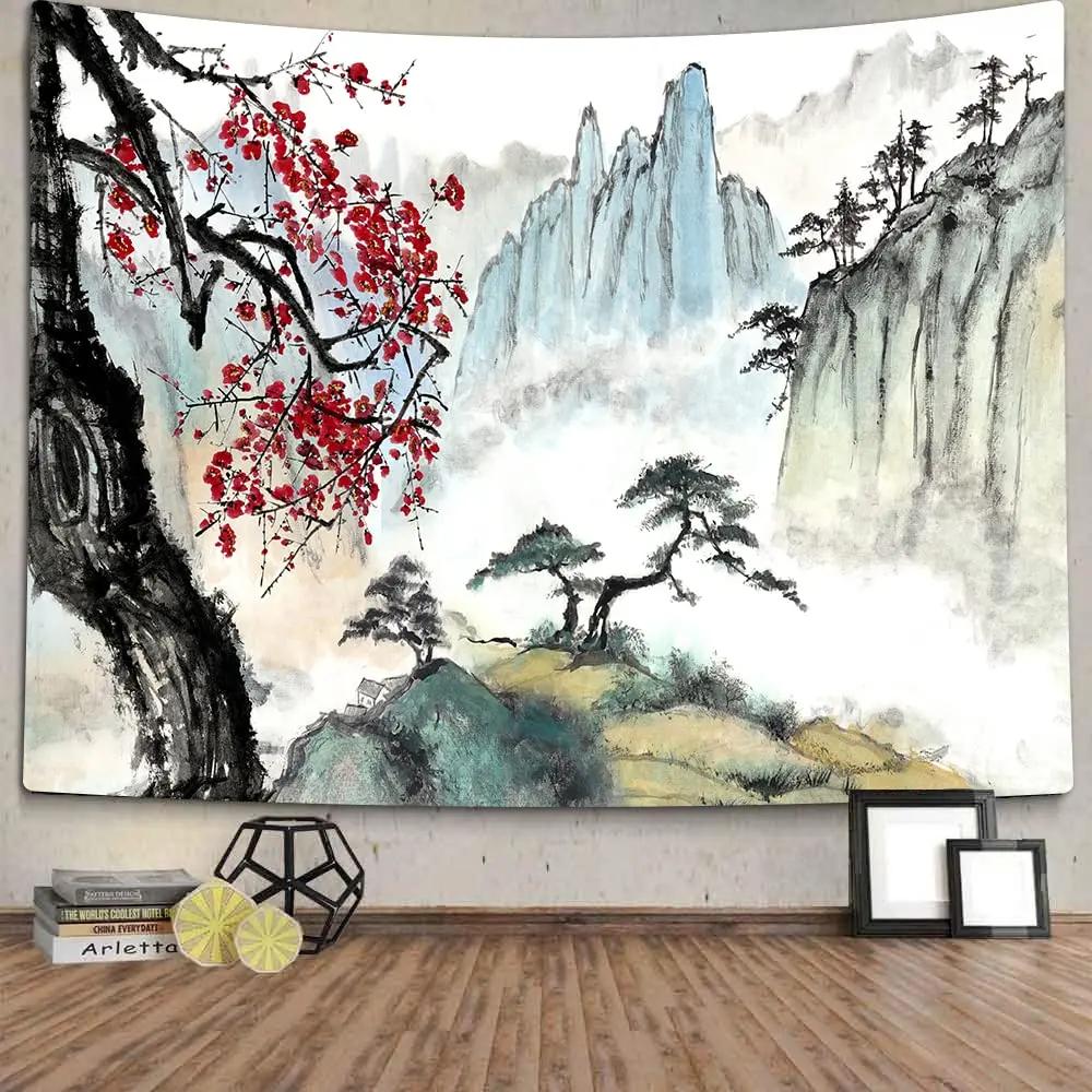 Anime krajina Tapiserie Japonská hora s třešňovými květy Tapiserie Sakura Vesnice Estetické umění Nástěnná tapiserie pro ložnici