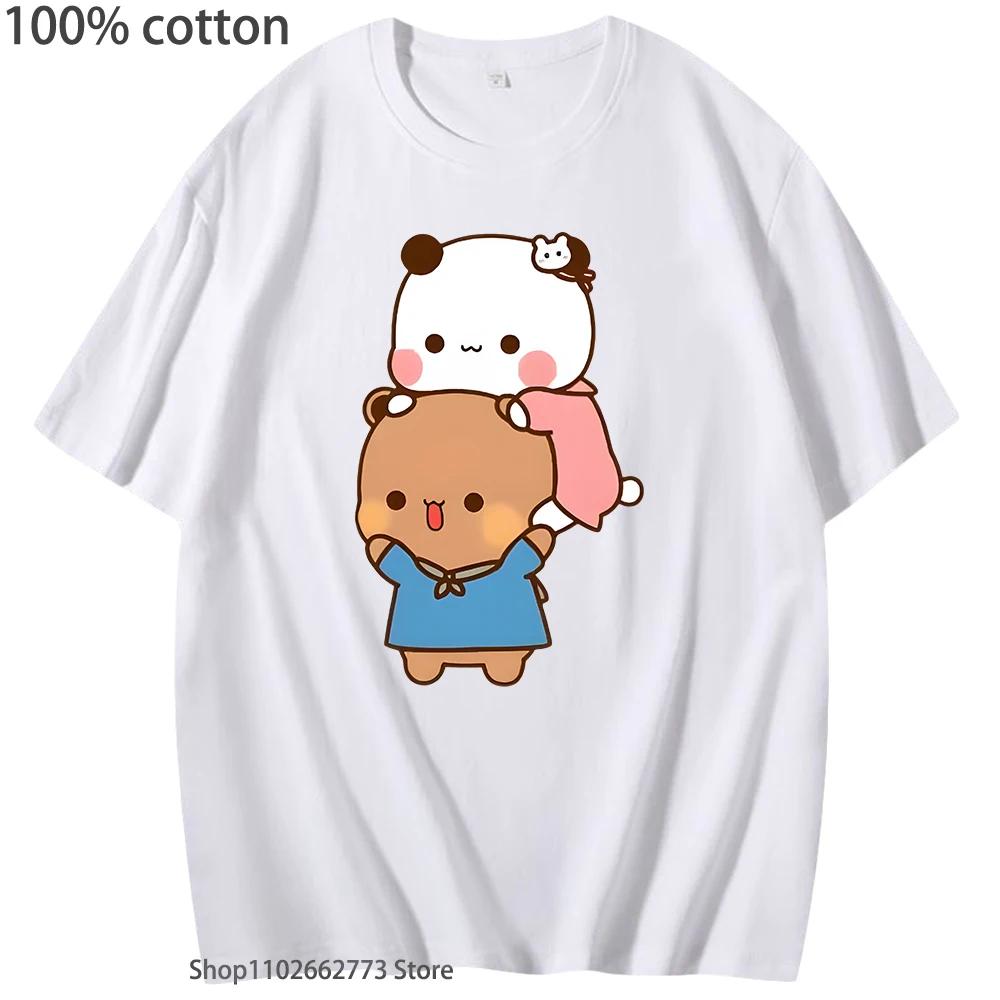 Kawaii DuDu and BuBu Enjoying Their Time Tshirts Cute Panda Bear Graphic Shirt Korean Styele Women Clothes Cotton Men Tees
