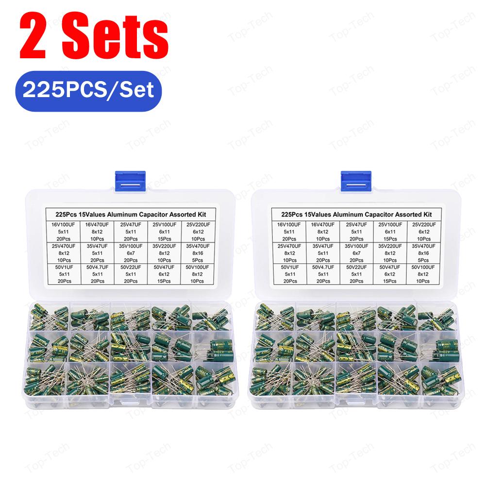 15 Values 225Pcs/set Variable Capacitors Assorted Kit High Frequency Low ESR Aluminum Capacitors Set with Storage Box