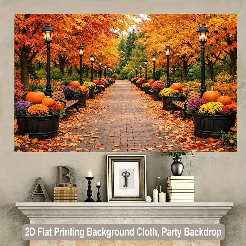 1 Piece of 2D Flat Background Cloth, Autumn Fallen Leaves Road with Bright Flowers and Pumpkin Lantern Background Cloth, DJH