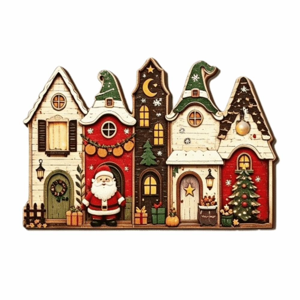 2D Flat Print Christmas Wooden Decoration Sign Snowman Santa Claus Xmas Ornaments Rustic Style Cottage Shape