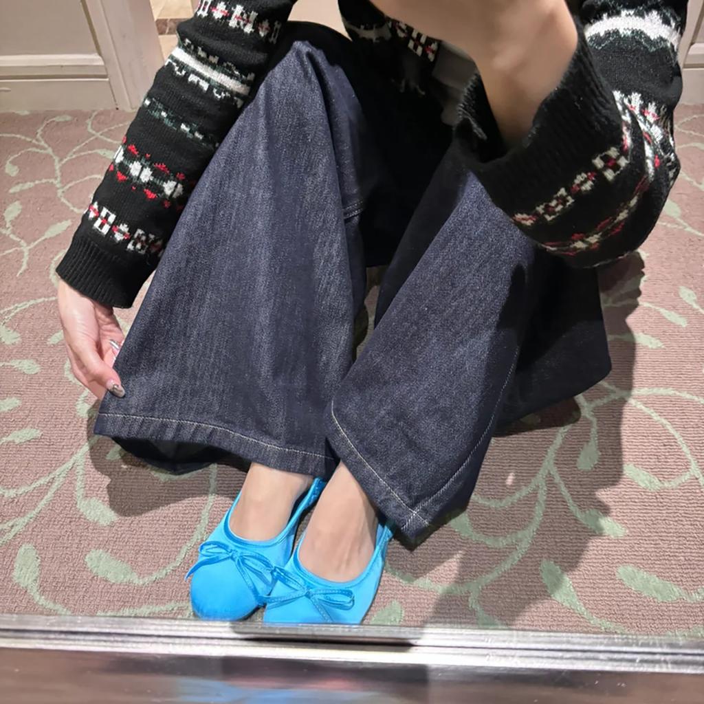 Sheepskin version~ French bow round head ballet single shoes women's small blue shoes gentle wind one pedal flat shoes
