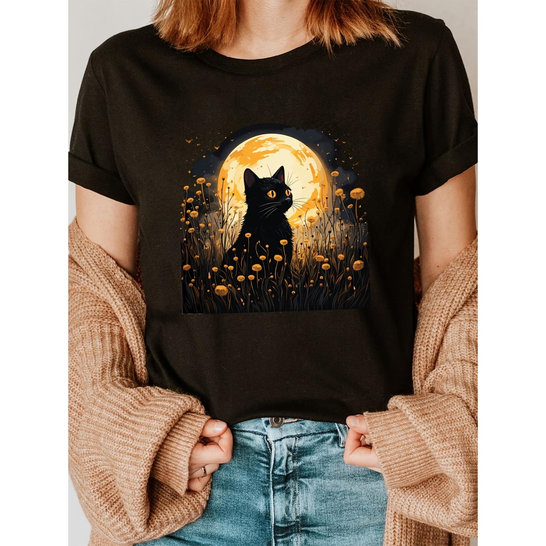 

Black Cat in A Golden Moonlit Grass Patch - Print T-Shirt, Short-Sleeve Crew Neck Casual Top for Summer and Spring, Women S Apparel XXL чорний