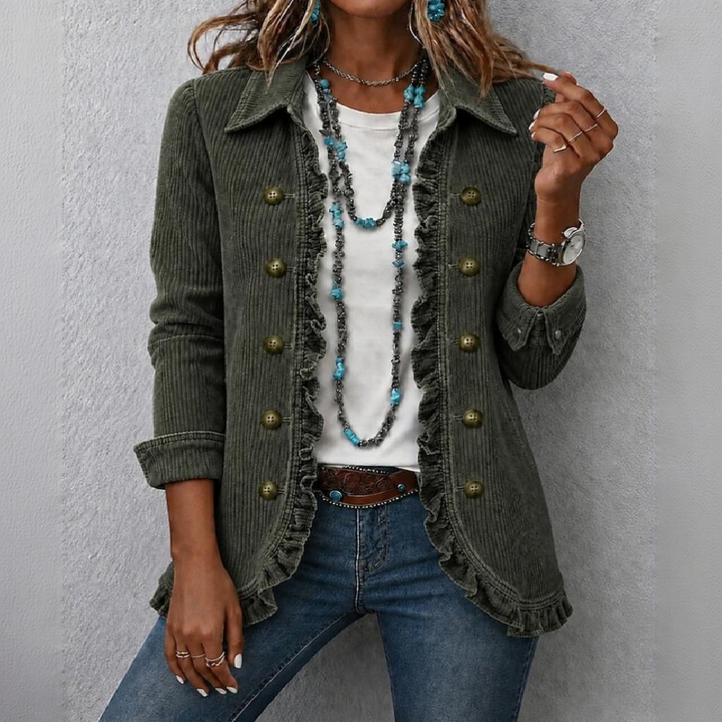 Damen Kord Kürzjacke mit Rüschensaum, Reverskragen und doppelreihigem Design