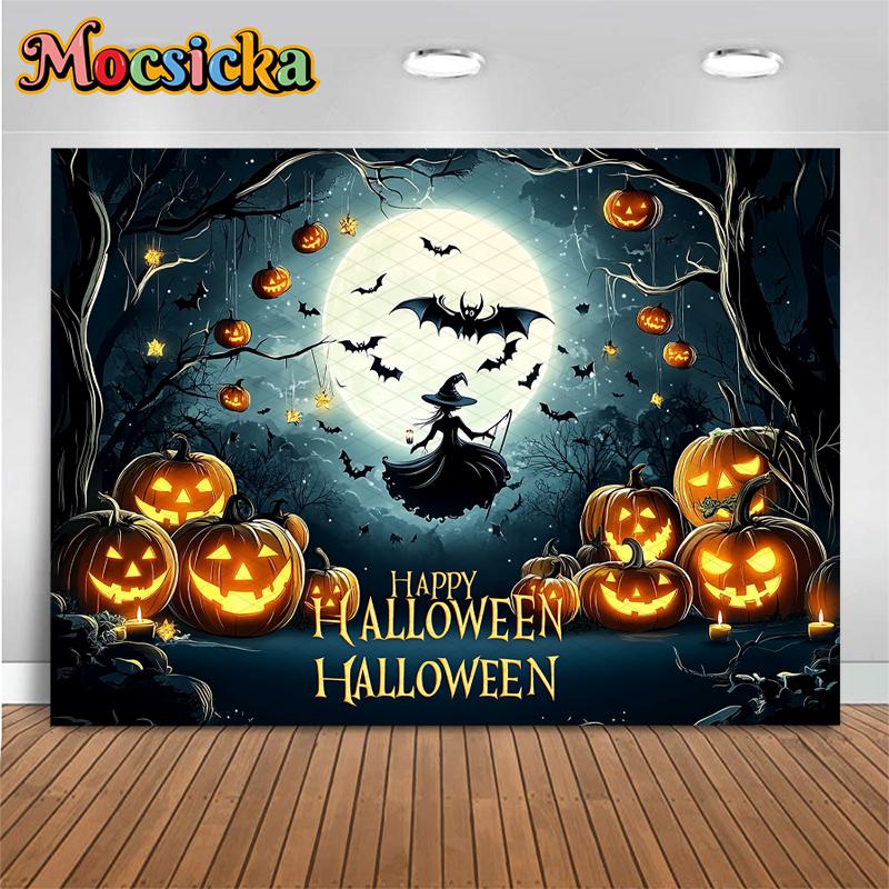 Mocsicka Happy Halloween Background For Photography Jack-O-Lanterns Party Backdrop Night Moon Bat Wizard Pumpkin Decor Photocall