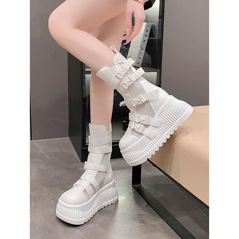 8.5CM  Air Mesh Women Chunky Sneakers Hollow Ankle Booties High Brand Platform Wedge Flats Fashion Causal Shoes