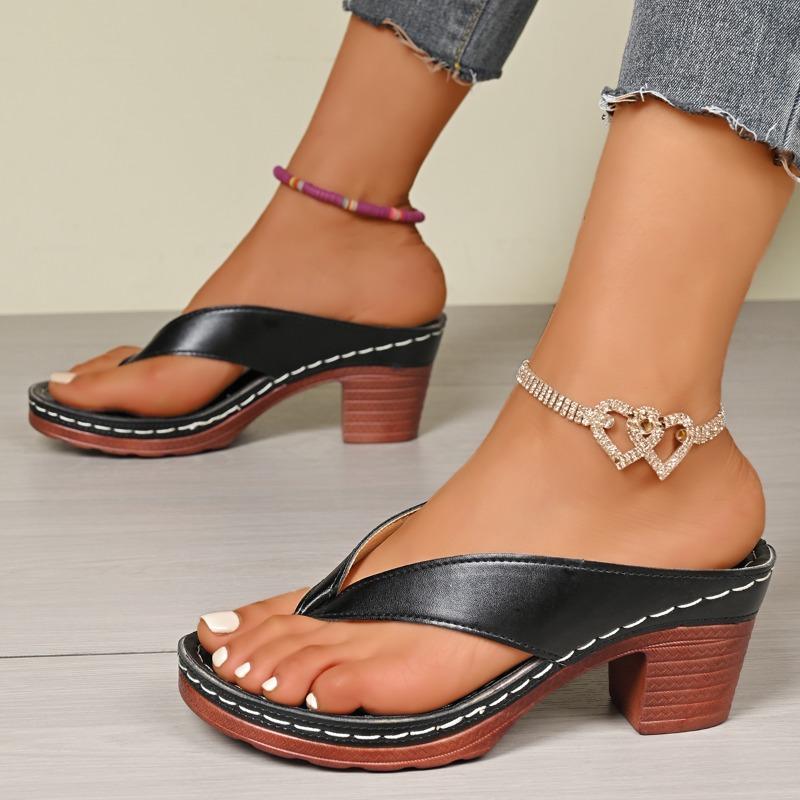 Fashion Women Sandals High Quality Summer Sandals Woman Solid Color Mid Heel High Heels Shoes Women Open Toe Flip Flops Sandals Female