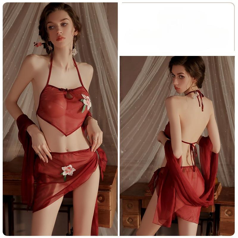 Women’s Sexy Summer Lingerie Costume Set Sheer Dudou Top, Mini Skirt and Shawl, Tempting Hanfu-Inspired Outfit