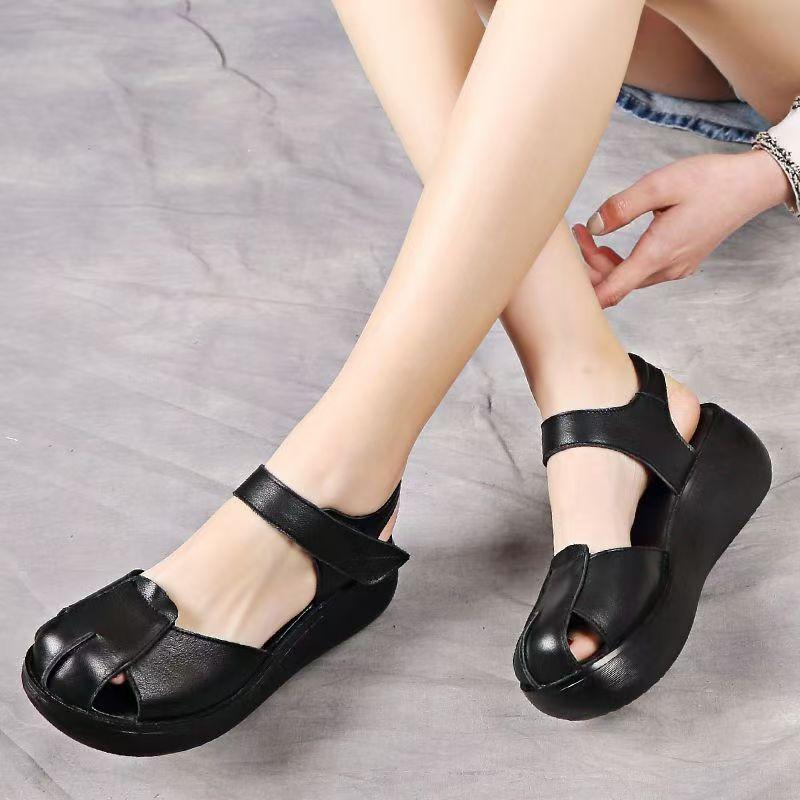 Women's Leather Baotou Hollow Out Wedges Sandals Summer New Thick Sole Non Slip Breathable Retro Velcro Outdoor Beach Sandals