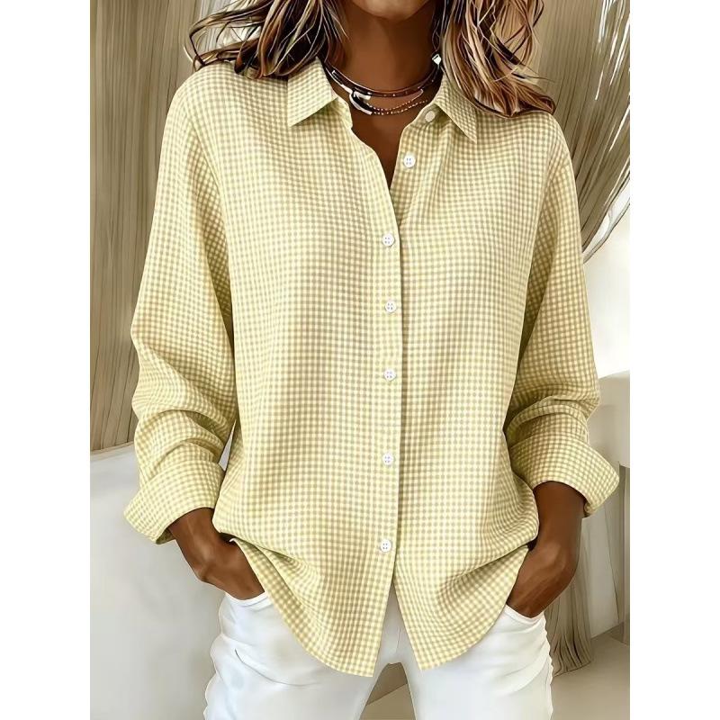 European beautiful women's new versatile lapel long-sleeved plaid shirt European and American four seasons fashion women's clothing