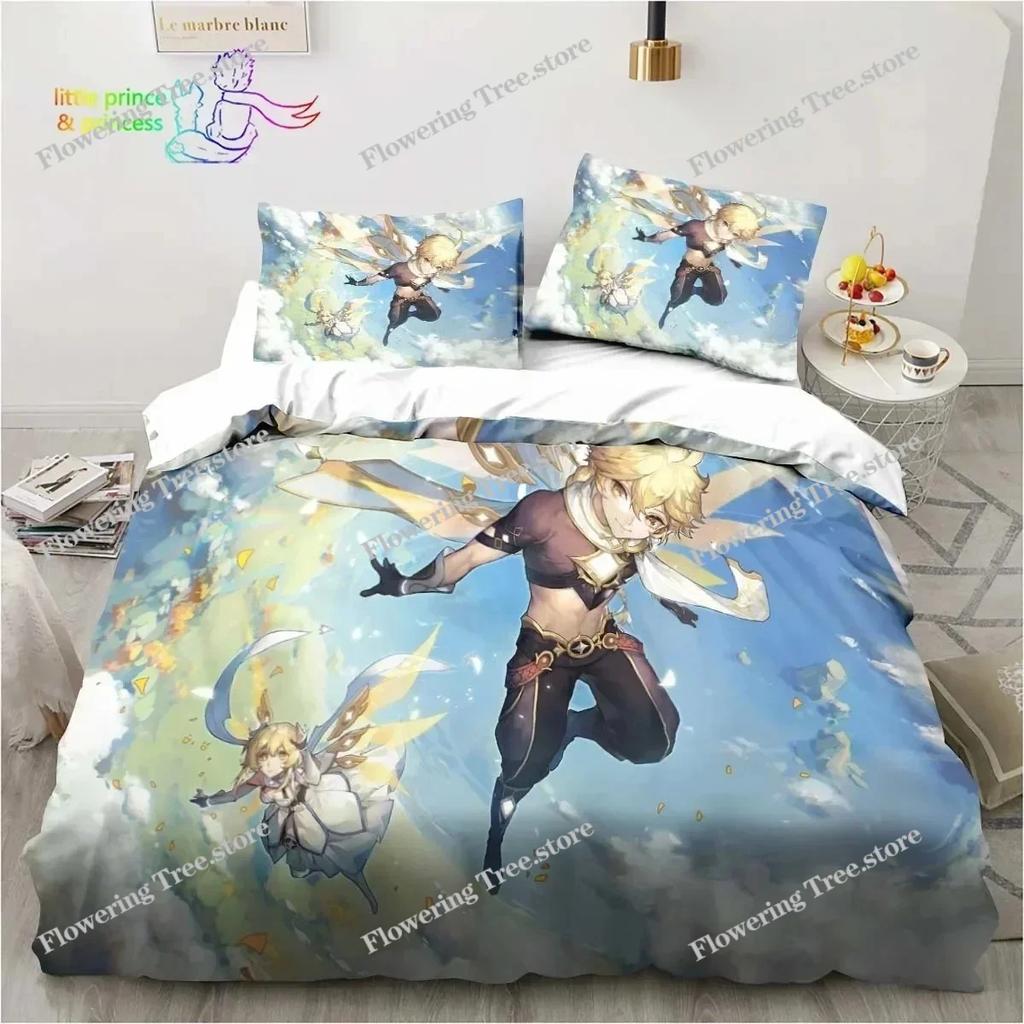 Genshin Impact Anime Printed Bedding Set Single Twin Full Queen King Size Bed Set Adult Kid Bedroom Bedding Gift