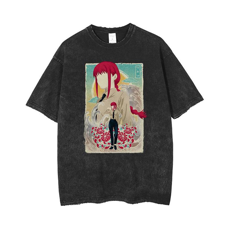 Anime Chainsaw Man Makima Cool Bedrucktes T-Shirt für Herren und Damen Gewaschenes T-Shirt Hohe Qualität Vintage T-Shirt Harajuku Top
