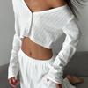 European & American 2025 Autumn Jacquard Knit Cardigan Pajama Set - Soft Hollow Cross-Stitch Homewear for Women