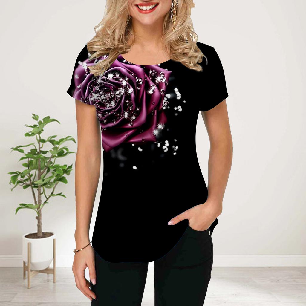 Women Summer T Shirt Blue Crystal Dolphin Print Short Sleeve Tees Casual Printed Tops