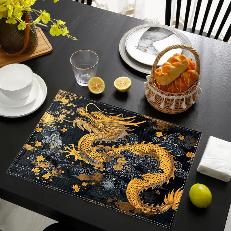 4pcs Placemat Set with Dragon Pattern Design, 12x18 Inches, Suitable for Kitchen and Dining Room Decor, Home Decoration, Family Dinner Table Setting,