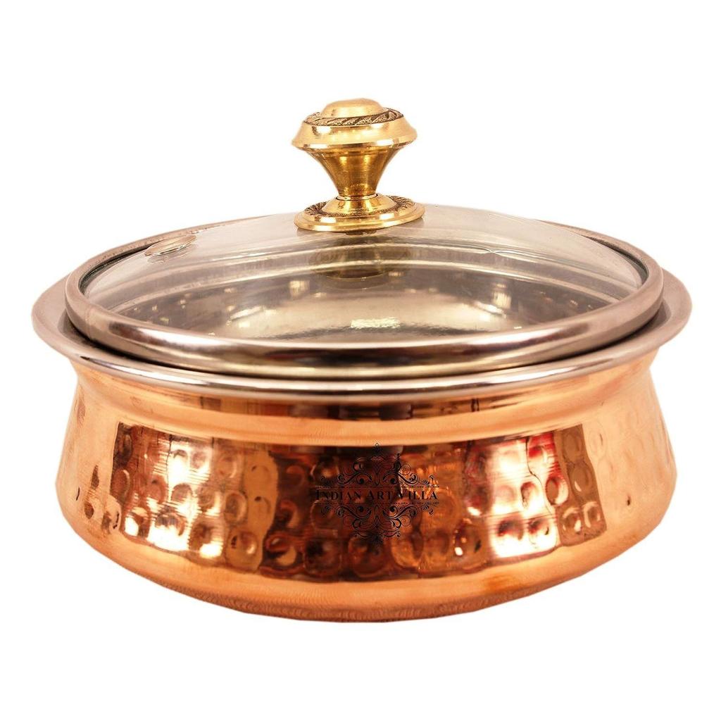 Steel Copper Hammered, Polished Serving Handi with Glass Lid 400 ML - Serving Dishes Chicken Briyani Vegetables Home Hotel Restaurant