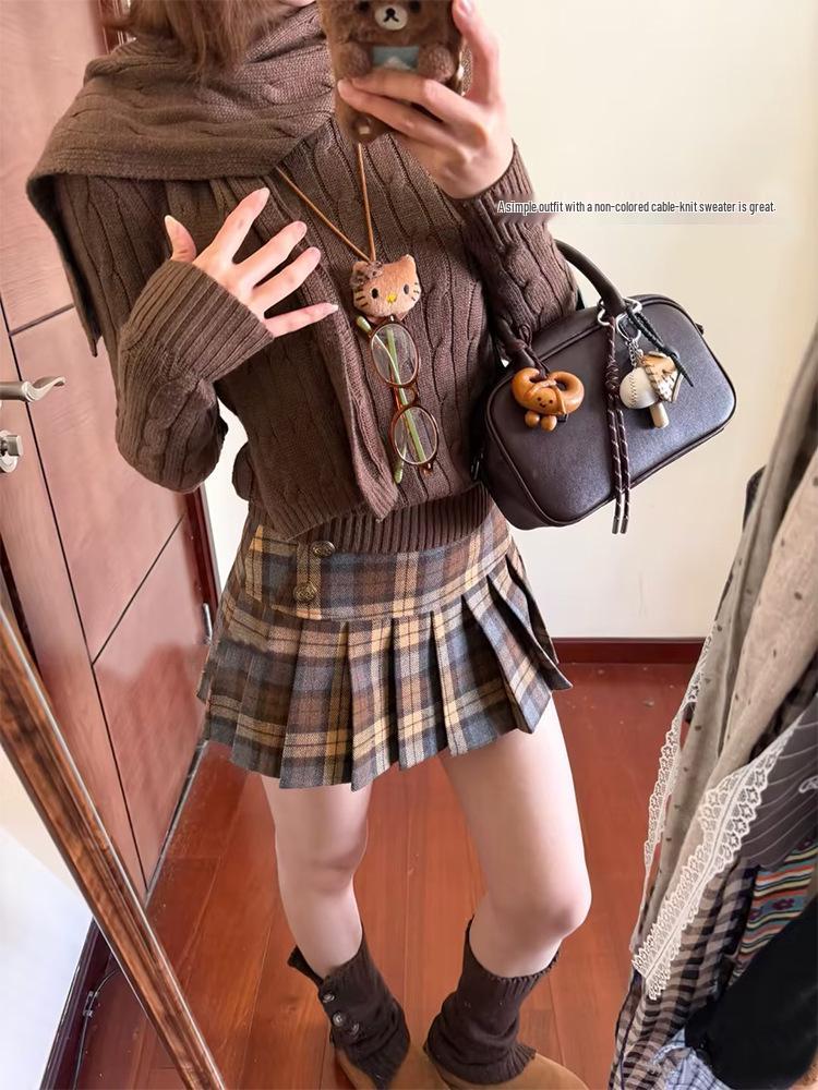 Women's Slimming High-Waist Retro Plaid Wool Skirt - Spring College Style A-Line Pleated Short Skirt