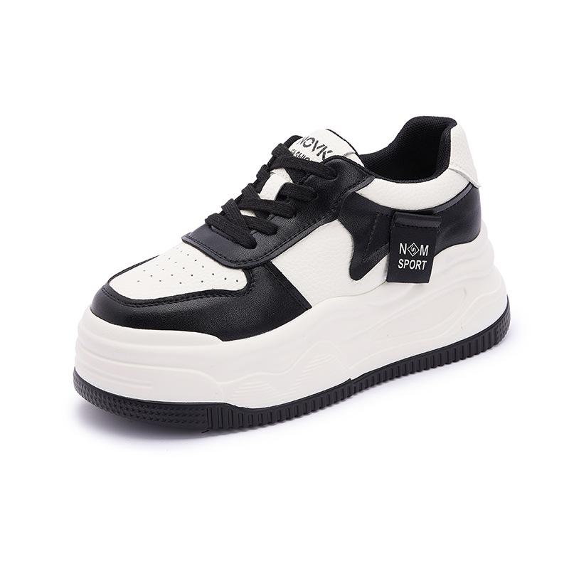 2024 Women's White Genuine Leather Height-Increasing Round Toe Casual Sneakers