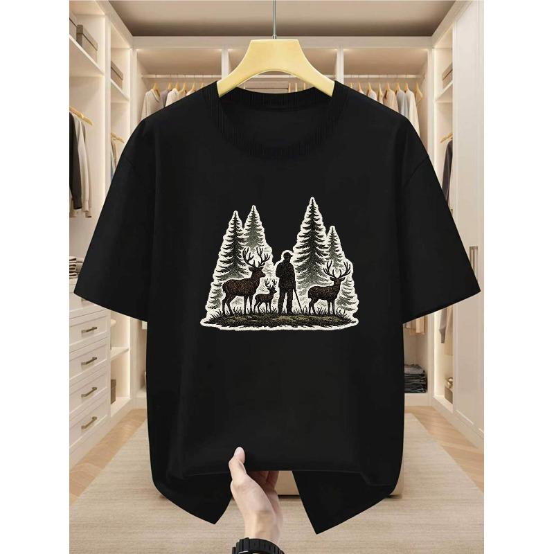 European sizes Men'S T-Shirt with Forest Deer And Hunter Print Comfortable Casual Short-Sleeve Tee for Summer