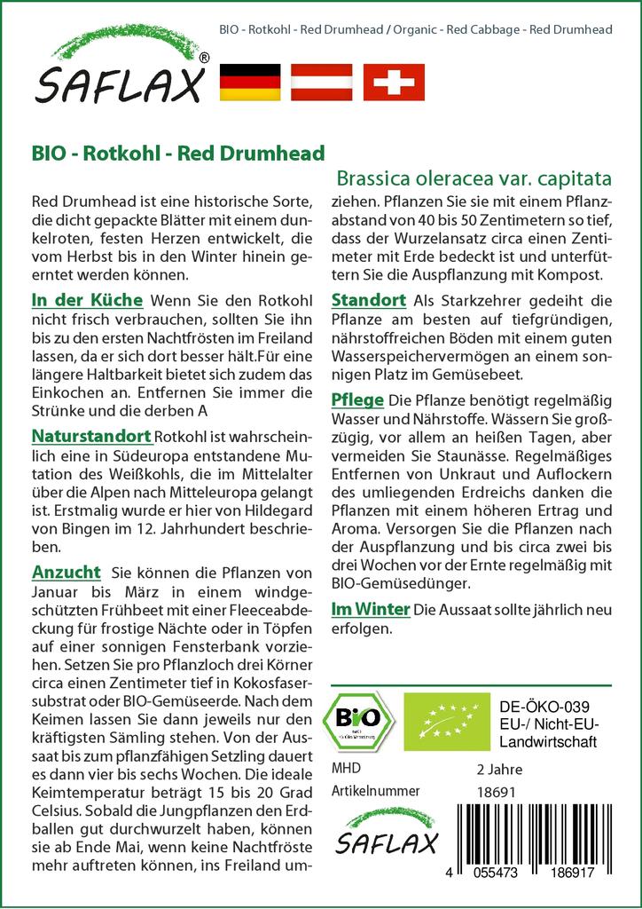 SAFLAX Garden In the Bag - Organic - Red Cabbage - Red Drumhead - 250 Seeds - With Substrate In a Fitting Stand Up Bag - Brassica Oleracea