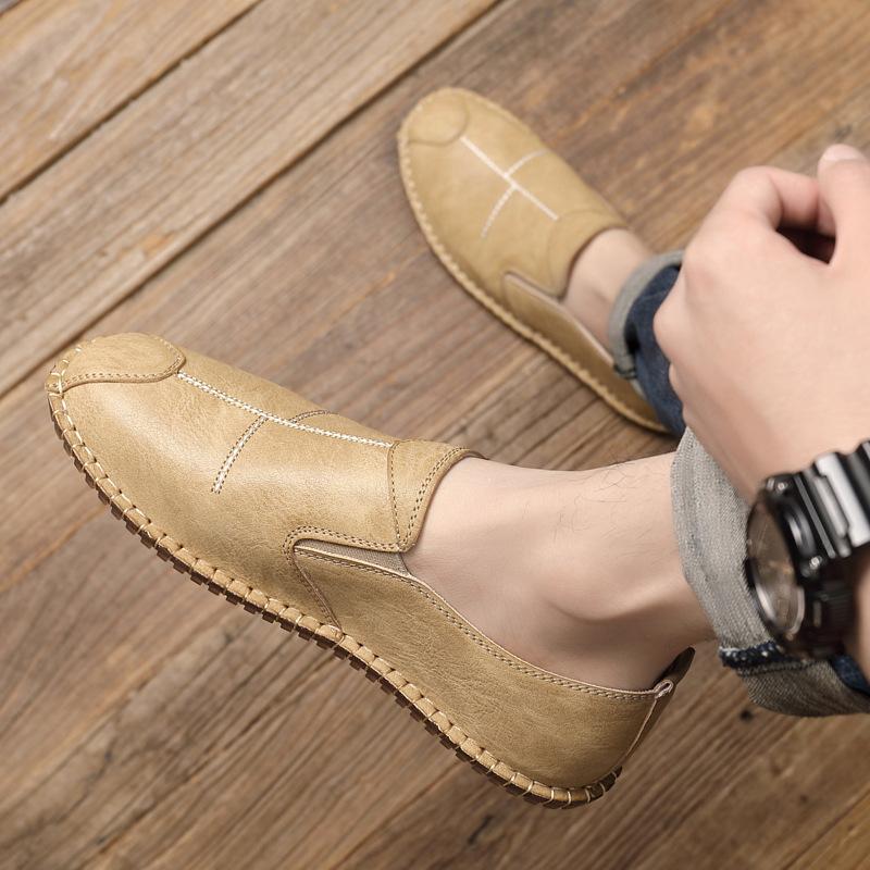 Fashion Summer Men's Handstitched Soft Leather Moccasins Slip-On Business Casual Shoes Flexible Rubber Sole Lightweight Comfort Footwear