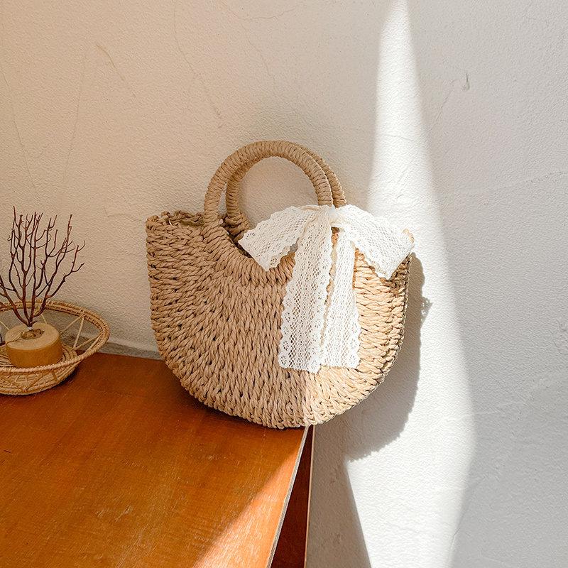 Half-Round Straw Woven Crossbody Bag - Casual Beach-Style Handbag for Women