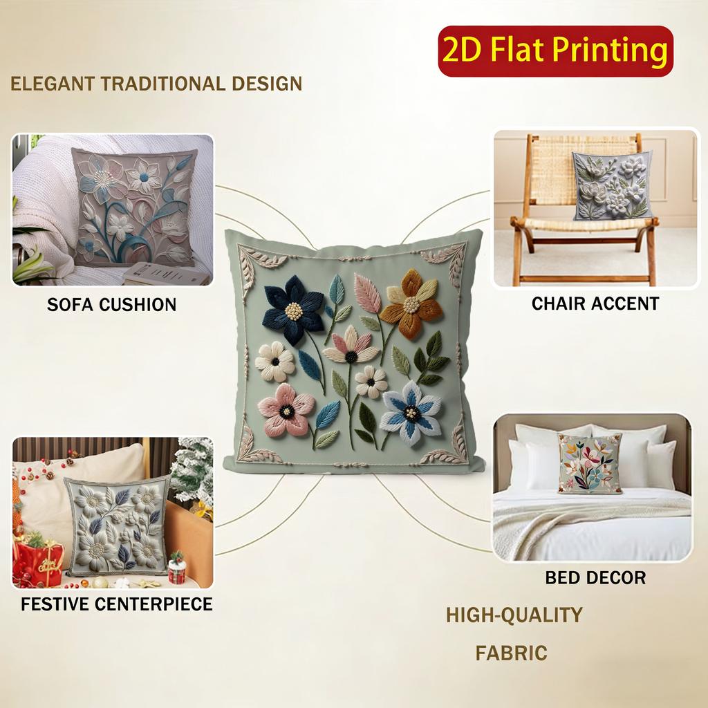 2D Floral Embroidered Pattern Decorative Pillow Covers Pattern Cushion Cover Suitable For Sofa Bedroom Car Pillow Cover