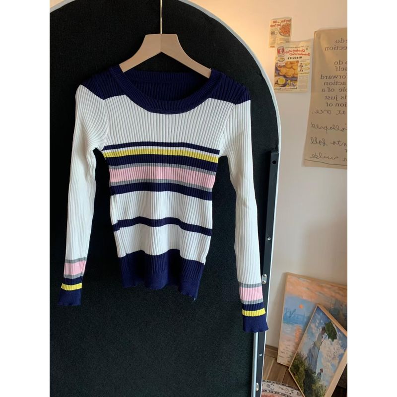 

@ Модный контрастный цвет, облегающий свитер-футболка с рубчиком, с длинным рукавом C763 Figure Color All yards