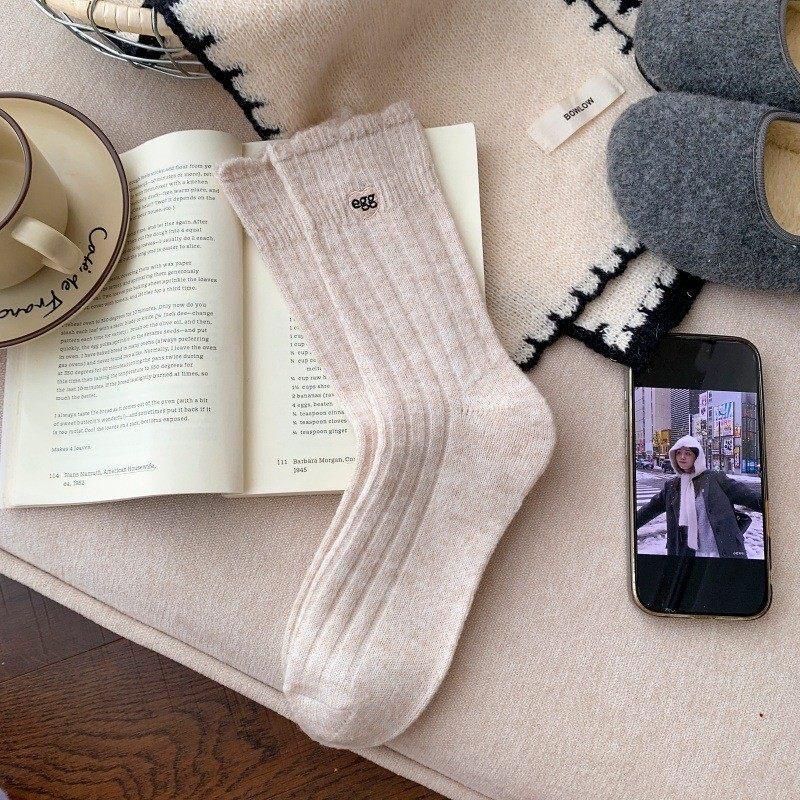 Korean Version Of Love Embroidered Lace Wool Socks Children Autumn And Winter Thickened Warm Boneless Soft Waxy Stacking Socks Versatile Cotton Socks