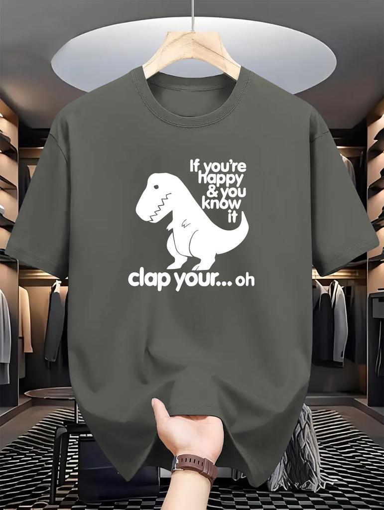 Men's Dinosaur Overlord Print T-Shirt - Casual Crew Neck, Regular Fit, Slight Stretch, Summer Short-Sleeve Tee - 180gsm