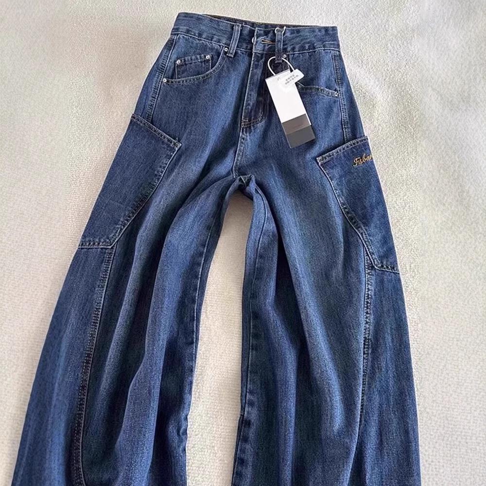 Retro Korean Blue Scimitar Jeans: Women's High-Waist, Wide-Leg, Loose Fit for Spring & Autumn.