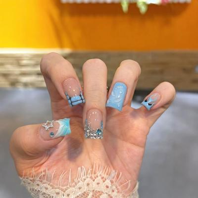 Handmade Press On Nail Europe America Hand-painted Blue French 3D Diamond Star Luxury Short Duckbilled Fake Nail Patch Artificial Nail Reusable