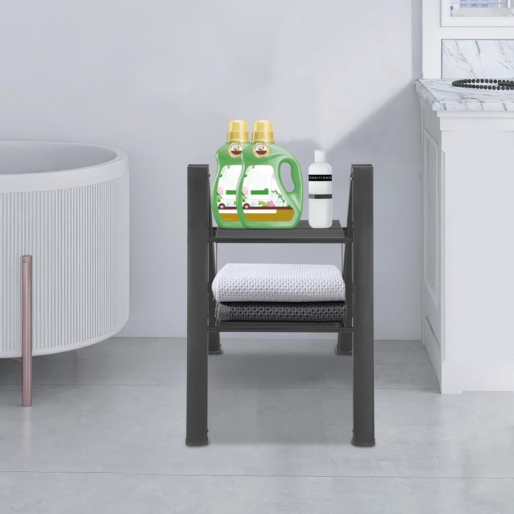 Black Aluminum Alloy Folding 2-Step Ladder, A-shaped Foldable Step Ladder Floorstanding 45*52cm Load 300kg for Balconies