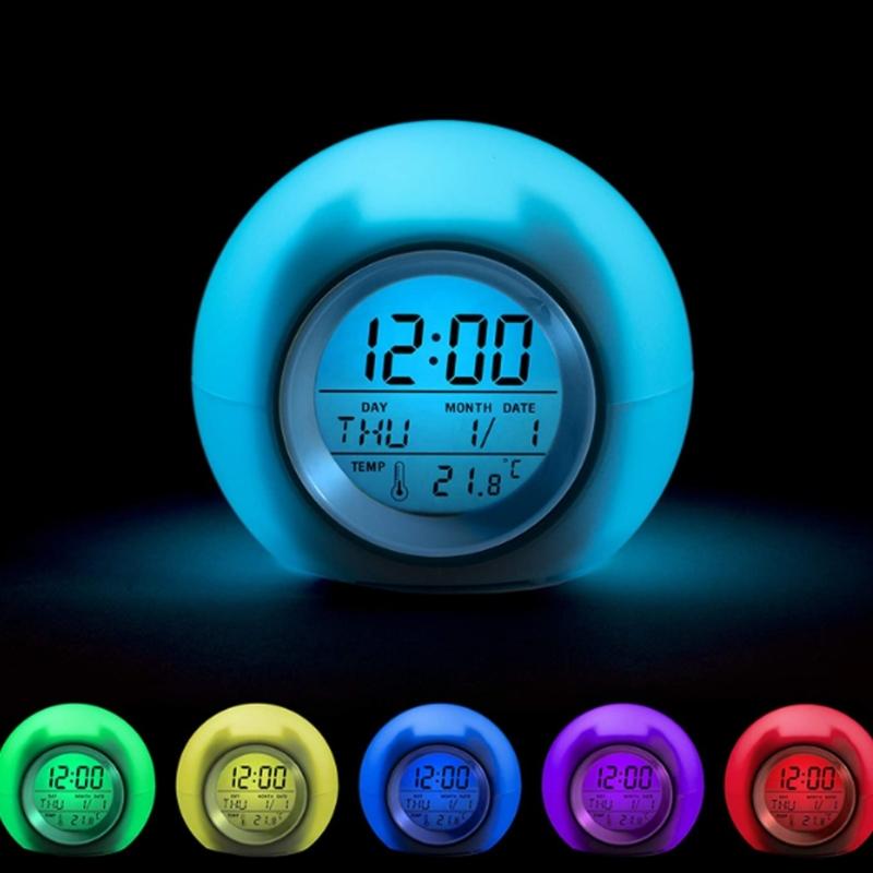 Multicolor LED Nightlight Alarm Clock with Calendar Temperature Display Battery Operated Round Shape Bedroom Essential