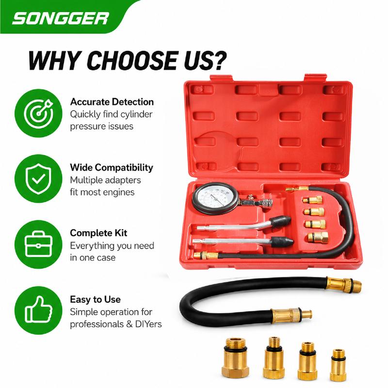 Compression Tester Kit Engine Cylinder Compression Tester 0-300 PSI Gauge M10 M12 M14 M18 Adapters Tool Set Motorcycle ATV Truck