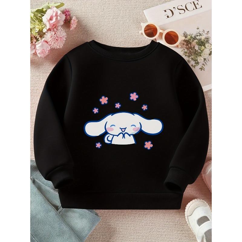European Size Sanrio Cartoon Printed Girls Casual Sweatshirt Chibi White Ears with Pink Blossoms Children's Sports Long Sleeve Crewneck Pullover
